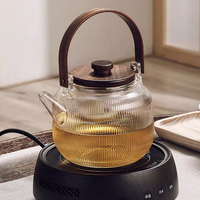 Théière ronde haut de gamme en verre avec poignée en bois moderne, infuseurs compatibles cuisinière, bouilloire en verre pour réceptions
