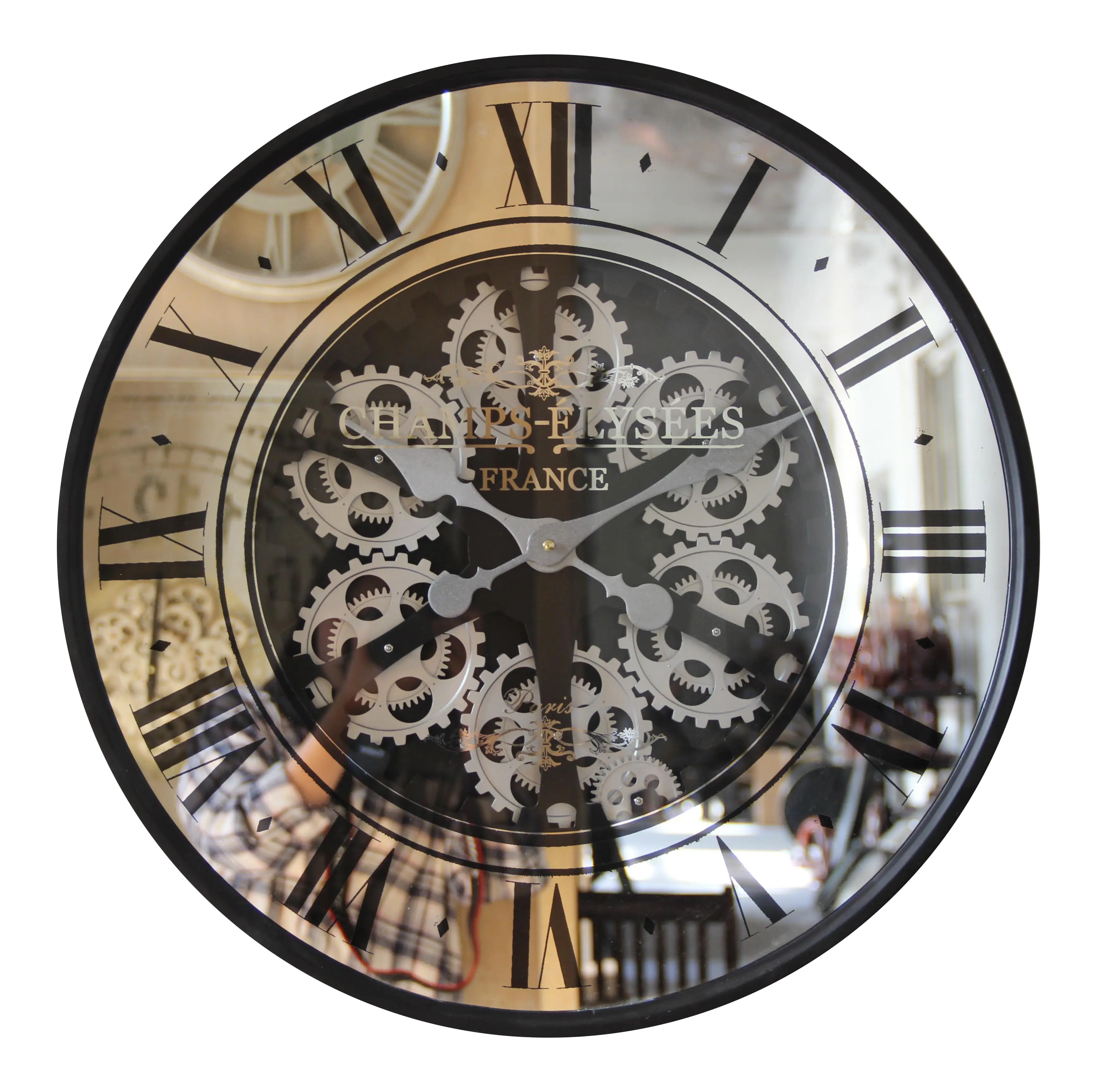 Stock 24 Inch Large Mirror Wall Clock Home Decorative Black Roman Number Gear Clock With Real Moving Gears