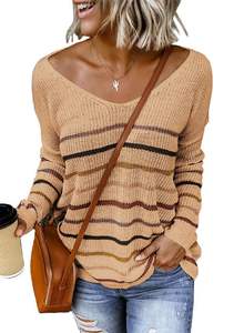 Renk blok çizgili V boyun uzun kollu örgü Casual tunik kazak Tops - Product Image 6