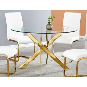 Nordic Stainless Steel Modern Luxury Round Glass Dining Table Set 6 Cadeiras De Ouro Para Sala Pequena