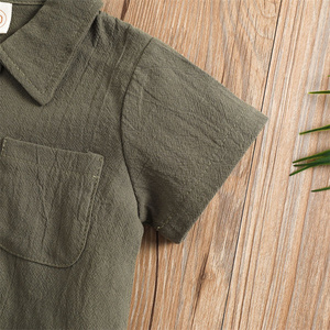 Pakaian Bayi Balita Kasual Kustom Pabrik OEM, Setelan Pakaian Bayi Laki-laki Katun Linen Kerah Lipat Lengan Pendek Polos - Product Image 5