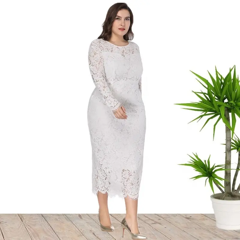 Womens Plus Size Elegant Scoop Neck Lace Hollow Dinner Dress High Waist Slim Fit A-Line Long Evening Dresses