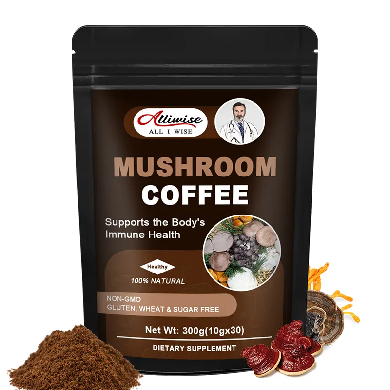 OEM bubuk kopi jamur organik 300g, campuran suplemen makanan energi alami 100%, ekstrak Jamur kesehatan Optimal
