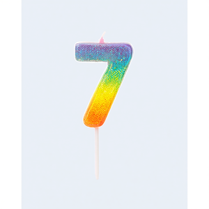 Candela Numero 7 per Feste, 6cm, con Glitter Arcobaleno, Candele per Compleanno - Product Image 1
