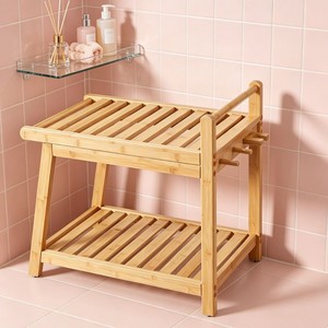 Natural Bamboo Bathroom Stool Double-Layer Drainage Waterproof Storage <b>Bench</b> for Home Bathroom - Product Image 4