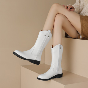 White <b>Knee</b>-<b>High</b> Boots Genuine Leather Round Toe Flat Heel Side Zipper Anti-Slip Rubber Outsole All Seasons Drop Shipping - Product Image 2