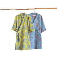 Chemises de nuit pour femmes en gaze tricotée en pur coton teint en fil, respirante, col en V, absorbante, douce pour la peau, vêtements d'extérieur