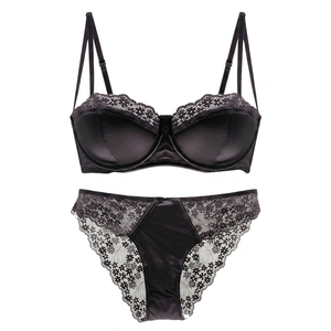 Wholesale Women's Black Satin Lace Bra and Panty <b>Set</b> Push up Underwire <b>Sexy</b> Bra <b>Set</b> French Style Elegant Intimates Lingerie <b>Set</b> - Product Image 3