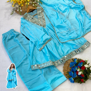 Light Blue Chinon <b>Shawl</b> Mirror Work Traditional Indian Pakistani Women's Wear <b>Wedding</b> Engagement Spring Summer Breathable - Product Image 6