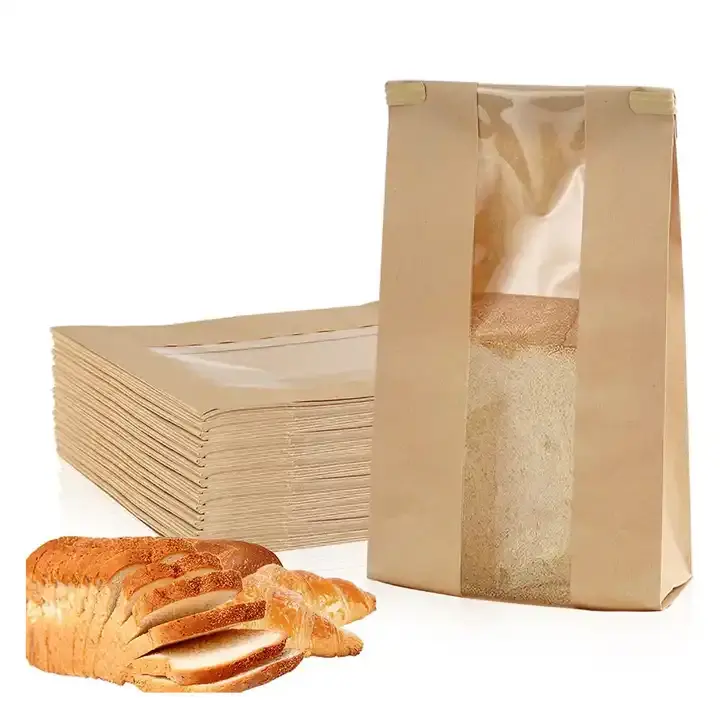 Fábrica personalizada fabricante panadería comida impresa marrón Kraft pan embalaje bolsas de papel con ventana de plástico