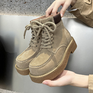 Botines Retro de Ante Caqui para Mujer 2026, con Cordones, Costuras en Contraste, Plataforma Gruesa de Goma, Botas Cortas Casuales para el Trabajo - Product Image 1