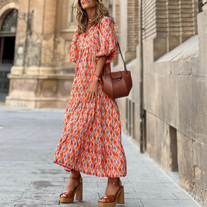 Vestido Holgado Geométrico de Estilo Bohemio con Cuello Redondo y Mangas Farol para Mujer de Talla Grande Europea y <span class=keywords><strong>Americana</strong></span> - Product Image 4