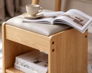 New Arrival Oak Wood Storage <b>Stool</b> with <b>Cushioned</b> Seat & Open Shelf for Entryway - Product Image 3