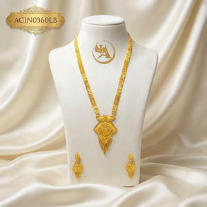 Premium 24K Gold Plated Arabic Style Pendant Jewelry Set for Women Dubai Gold Long <b>Charm</b> Necklace with Matching Earrings - Product Image 1