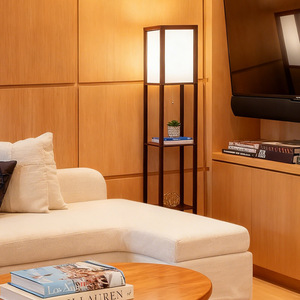 Modern Floor Lamp With Shelves Wood <b>LED</b> <b>Light</b> White Shade For Bedroom Living Room Office <b>Corner</b> Storage - Product Image 2