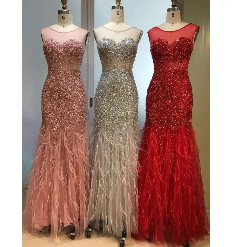 Pink/Red Heavy Beaded Rhinestone Feathers 2019 Best Selling Real Photo High Quality Fashion Women's Evening Dresses Gown