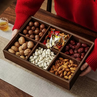 Houten snackplateau met deksel - 6-delige multifunctionele serveerschaal voor feesten, opbergdoos voor gedroogd fruit & noten, houten dienblad met deksel