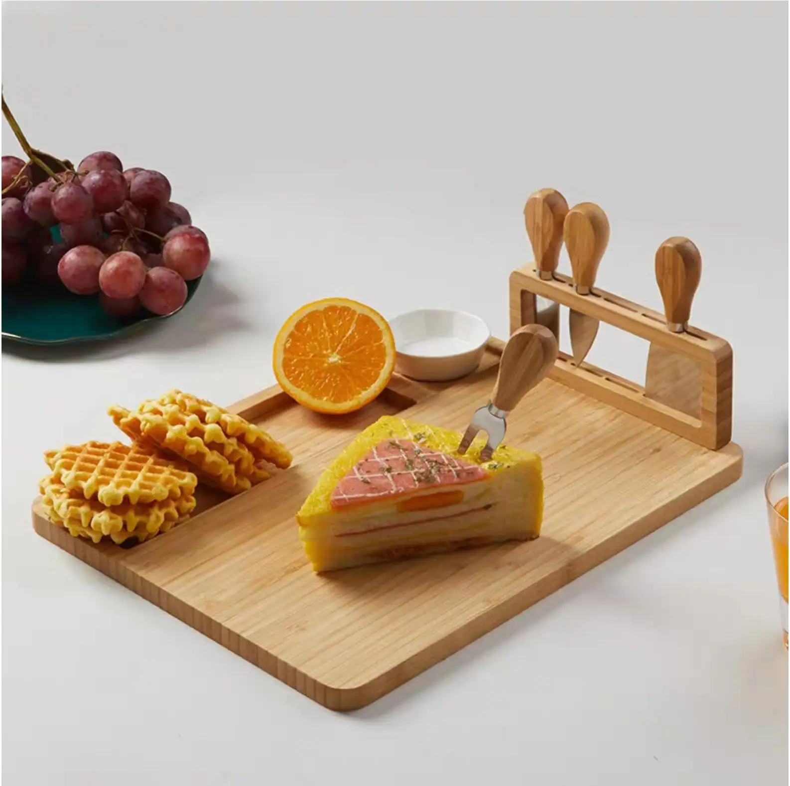 Bamboo Cheese Board Set Charcuterie Platter and Serving Meat Board Cheese Cutting Board Knife Set