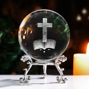 Atacado 3d bolas de cristal transparente esculpidas a laser base de metal suporte para presentes lembranças bolas de cristal