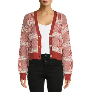 100% एक्रिलिक फसली Allover प्लेड बटन सामने कार्डिगन स्वेटर वि गर्दन लंबी आस्तीन फसल शीर्ष काटने का निशानवाला कफ महिलाओं के स्वेटर