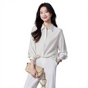 Chemise boutonnée en popeline blanche pour femme, manches trois quarts, col rabattu, coupe ample, style minimaliste pour le bureau - Product Image 4