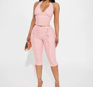 Viviblook Z1222ST03 Women Sexy Set Deep V-Neck Halter Vest Pleated <b>Lace</b> Up Tank <b>Top</b> Cropped Pants Two Piece Set - Product Image 1