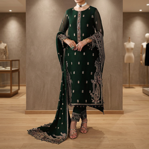 Robe trapèze en organza brodée verte à motif floral pour femme, idéale pour les mariages traditionnels indiens et pakistanais, ou les tenues de soirée. - Product Image 2