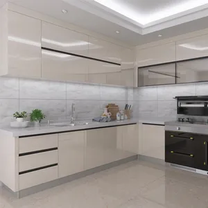 Muebles Cocina Isla Mesa Gabinete Suministro de fábrica Moderno Alto brillo Laca para el hogar Italiano Blanco Madera maciza 1 Juego