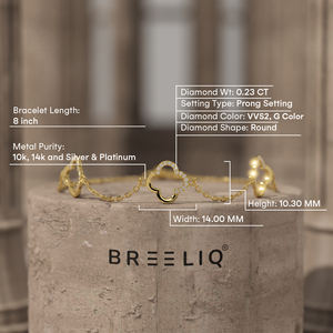 Pulsera de Oro Blanco Sólido de 14K con Trébol Floral y Diamantes para Mujer, Joyería Delicada con Cadena de Eslabones y Trébol Pavé - Product Image 6