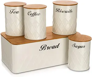 Kim Loại Nhà Bếp Canister Hộp Bánh Mì Bin Bánh Mì Trà Đường Cà Phê Canister Set Với Nắp Tre Lưu Trữ Container