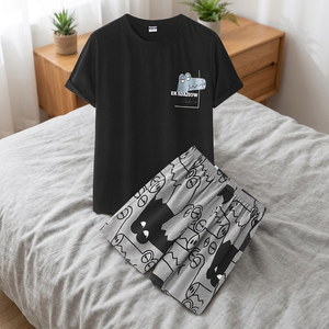 Conjunto de 2 piezas para hombre, transpirable, de punto, poliéster/algodón teñido, camisa casual de manga corta con botones y pantalón suelto para playa y verano - Product Image 3