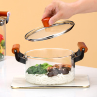 Vente en gros OEM de marmites et faitouts modernes en verre transparent avec poignées résistantes à la chaleur, compatibles sans BPA, ustensiles de cuisine sans danger pour les aliments