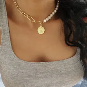 18k placcato oro imitazione della perla cuban link catena moneta di rame del pendente della clavicola fascino della perla dell'acqua dolce collana per le donne