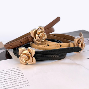 เข็มขัดหนังแท้สำหรับผู้หญิงขนาด 1 ซม. ลายดอกไม้ หัวเข็มขัดโลหะผสม - Product Image 4