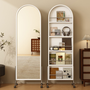 Miroir sur pied avec étagère de rangement, design arqué blanc, utilisation domestique, portable et rotatif - Product Image 1
