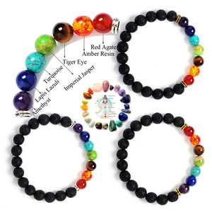 Bracelet en pierre de lave noire, perle de roche élastique, pierres naturelles, pierres précieuses, univers, 8 planètes, 7 chakras - Product Image 1