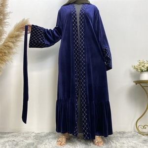1857# Winter Velvet <b>Abaya</b> Grid Pattern Border Blue Warm Women Cardigan Fashion Kimono Kaftan <b>Abaya</b> - Product Image 2