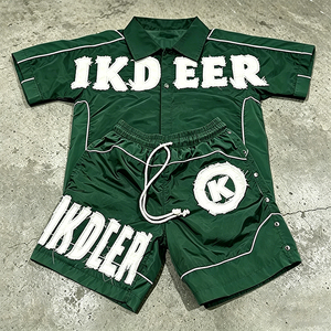 Custom Logo Men's Nylon Tracksuit 2 Piece Short Sleeve Button up Shirt Shorts <strong>Set</strong> Streetwear <strong>Embroidery</strong> Patchwork 2 Piece <strong>Set</strong> - Product Image 4
