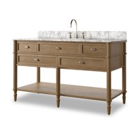 Meuble-lavabo de salle de bain moderne de luxe en bois avec plateau en marbre et vasque simple, design élégant, pour hôtel, villa, salle de bain principale