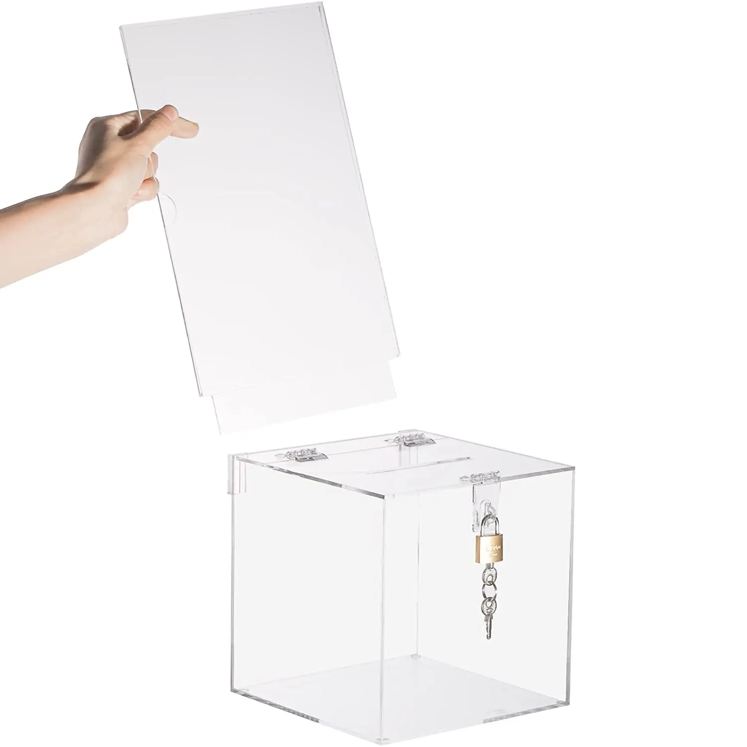 Square Acrylic Donation Box with Lock and Sign Holder Clear Ticket Comment Box for Voting Charity Suggestion Collection