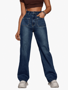 Jean taille haute ample à jambe large pour femme, longueur intégrale, en denim délavé, style décontracté, 100% coton, XL 35 - Product Image 1