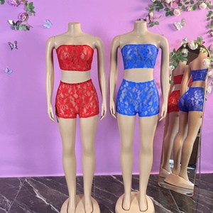 Conjunto de 2 Piezas para Mujer 2026, Top Tubo sin Tirantes de Encaje Transparente, Shorts Ajustados, Estilo Baddie para Club - Product Image 1