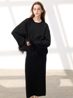 Pull en cachemire pour femme, col rond, manches ballon, tricot épais, coupe oversize, avec bordure en plumes, haut minimaliste de luxe pour l'hiver