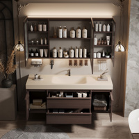 Mueble de Baño Moderno de Madera Maciza Estilo Retro Francés con Lavabo Individual y Doble, Espejo LED Inteligente/Gabinete con Espejo