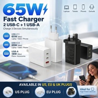 Adaptateur de chargeur rapide HNT 65W GaN 2C1A 3 ports PD 65W & QC18W certifié FCC CE, prise US/EU/UK pour ordinateur portable Samsung S25 S24