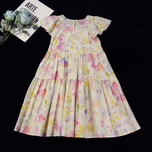 Robe d'été décontractée en coton pour filles, motif floral aquarelle, manches volantées, col rond, à volants superposés, style boutique, prête à expédier (RTS), ODM - Product Image 3