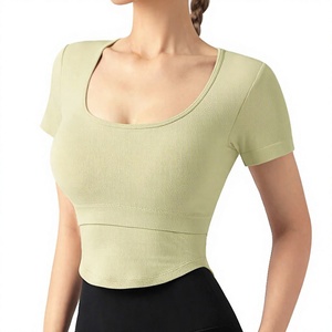 Women U Neck Ribbed Crop Yoga <b>Top</b> Built in Bra Hollow <b>Back</b> Short Sleeve Workout T Shirt Slim Fit Stretchy Pilates Athletic Tee - Product Image 1
