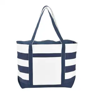Wholesale Extra Large Reusable Striped Cotton Canvas Tote Bag Premium Beach Shipping Bag for Women with Letter Pattern