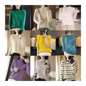 Cheap Wholesale Spring Winter Half High Neck Long Sleeve White Black Solid Color Rib Woman Ladies Knit Top Female Sweaters