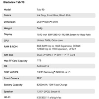 Tablet PC Blackview de 10.92 Pulgadas, Android 14, Desbloqueo Facial, 8200mAh, T606, 8+128GB, Cámara de 8+13MP, Tablet PC 4G, Blackview Tab 90